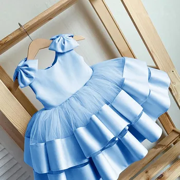 Imagine reală Pufos Flori Girl Rochii pentru Nunta Straturi de Satin Bow Copii Princess Dress Arc Umăr Copii Prima Împărtășanie Rochii