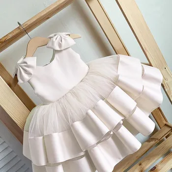 Imagine reală Pufos Flori Girl Rochii pentru Nunta Straturi de Satin Bow Copii Princess Dress Arc Umăr Copii Prima Împărtășanie Rochii