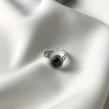 Silvology Argint 925 Oval Agat Negru Inele Retro Textura Coarda Minimalist Elegant Deschide Inele pentru Femei Festivalul de Bijuterii