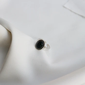 Silvology Argint 925 Oval Agat Negru Inele Retro Textura Coarda Minimalist Elegant Deschide Inele pentru Femei Festivalul de Bijuterii