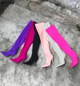 Violet Elastic Cizme Lungi o Femeie de over -- genunchi Cizme cu Toc Subtire Papuceii 2019 Hot de Moda Toamna Iarna Femei Pantofi Rochie