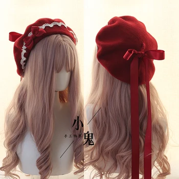 Japoneze Manual Dantelă Panglică Arc Dulce Beretă De Lână Cald Pictor Pălărie Mori Fata Frumoasa Lolita Toamna Iarna Retro Clatita Capac