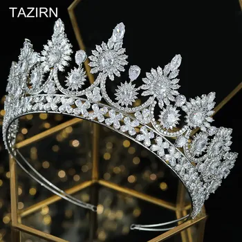 De lux 5A Cubic Zirconia Albe și de Aur Nunta de Mireasa Diademe și Coroane CZ Concurs Headpieces Petrecere de Păr Bijuterii Cadouri pentru Femei