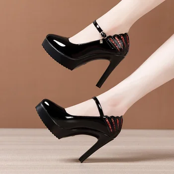 GKTINOO 2020 Noi Femeile Pompe tocuri Negru, de Mare 11cm Doamna din Piele de Brevet Cu o Grosime de Toamnă a Subliniat Toe Singur Lucru, Pantofi de sex Feminin