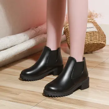 Noi Pluș Cald Cizme de Iarna Solid Negru Cizme de Piele de sex Feminin Aluneca pe Glezna Cizme pentru Femei Pantofi Femei Plus Dimensiune Cizme Chelsea
