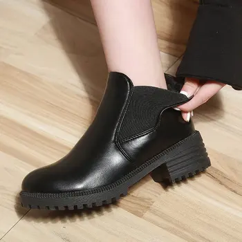 Noi Pluș Cald Cizme de Iarna Solid Negru Cizme de Piele de sex Feminin Aluneca pe Glezna Cizme pentru Femei Pantofi Femei Plus Dimensiune Cizme Chelsea