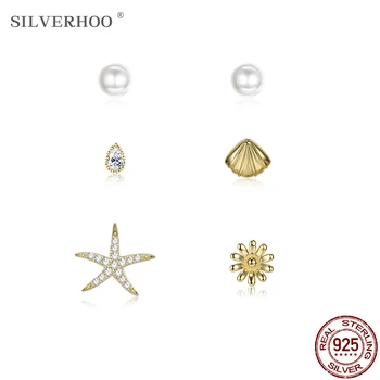 SILVERHOO 925 de Bijuterii de Argint Coajă Perla Cercei Stud Pentru Femei la Modă Picătură de Apă Shell & Sea Star Floare Cercei Set 8178