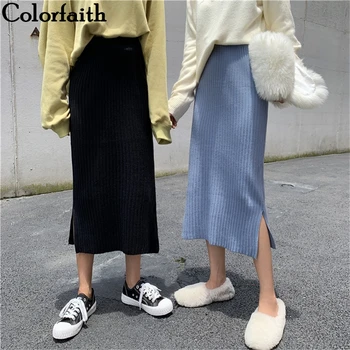 Colorfaith 2019 Femei Toamna Iarna Tricotate Fuste Midi Jumătatea Gambei Drepte Imperiul coreean Stil Elegant Split de sex Feminin Fusta SK4709