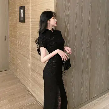 Cheongsam Timp Mozaic Fantă Dantela Slim-Fit DressWoman Rochie Vestido De Mujer