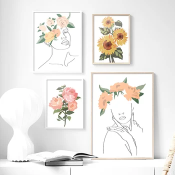 Rezumat Floarea-Soarelui, Plante Fructifere Minimalist Arta De Perete Panza Pictura Nordică Postere Si Printuri Poze De Perete Pentru Living Decorul Camerei