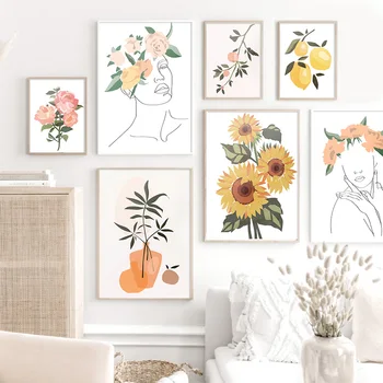Rezumat Floarea-Soarelui, Plante Fructifere Minimalist Arta De Perete Panza Pictura Nordică Postere Si Printuri Poze De Perete Pentru Living Decorul Camerei