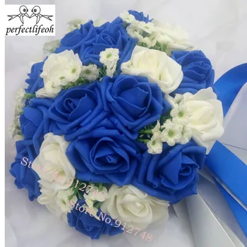 Perfectlifeoh Albastru Regal Frumos Spumă Trandafiri Artificiale Flori Buchet de Mireasa Partid Decor buchet de flori pentru decor Nunta 8394