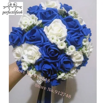 Perfectlifeoh Albastru Regal Frumos Spumă Trandafiri Artificiale Flori Buchet de Mireasa Partid Decor buchet de flori pentru decor Nunta