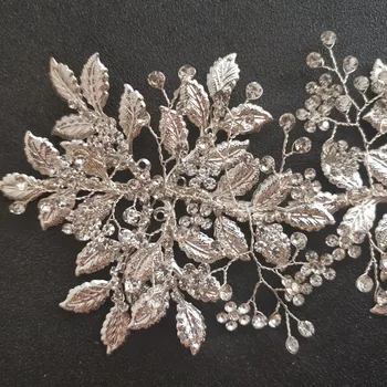 SLBRIDAL Handmade Argint Culoare Cristal cu Strasuri Flori Frunze Nunta Tiara Bentita de Mireasa accesorii de Par pentru Femei Bijuterii