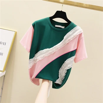 2020 Primăvara și Vara Casual Pierde T-Shirt pentru Femei-Stil coreean Volane de Culoare de Potrivire de Bumbac cu Mânecă Scurtă