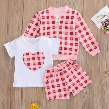 1-6Y Copii Fete Primavara Toamna Îmbrăcăminte Seturi de Fete de Moda Inima Print Carouri cu Fermoar Strat+tricouri+pantaloni Scurti Casual, Treninguri