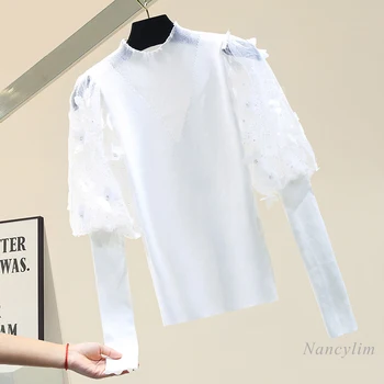 Guler Felinar Maneca Lunga Pulover Slim Shirt Femei 2021 Primăvară Nouă Femei Top Elegant Blusas Alb Negru Nancylim
