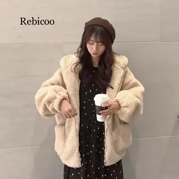 Iarnă stil coreean Mid-lungime Hooded Faux Lambswool Bumbac căptușit Haine Largi Cald Gros Strat de Bumbac pentru Femei
