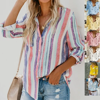 Femeile Stripe Shirt, Bluze cu Maneca Lunga Casual OL Tricou de Bumbac Primavara Toamna Bluza Vrac Butonul Plus Dimensiune Mujer Blusas Tricou Top
