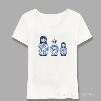 Albastru Păpușă Matryoshka Print T-Shirt pentru Femei de Moda cu Maneci Scurte Casual Femei Topuri Drăguț Fată t-shirt Rusia Feminin Teuri Harajuku 878