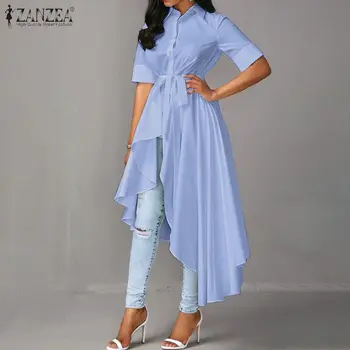 2021 Moda Femei Asimetrica Bluza ZANZEA Vara Maneca Scurta Tricou Lung Vestido Elegant Rever Gât Solide Butoane Blusas Sus