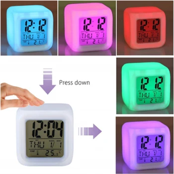 Timer Digital Ceas cu Alarmă Cu Data Termometru Desktop Masă Cub Ceas Deșteptător Noapte Stralucitoare LED cu 7 Culori Schimbare