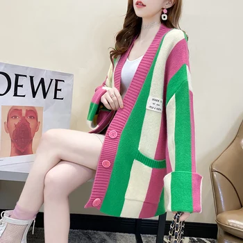 H. S. a. 2020 Femei Pulover Lung Haina Vneck Cardigane Supradimensionate Mozaic Pulover Casual cu Dungi Șic Strada Knit Poncho-coreean Topuri