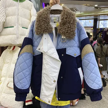 Scurt contrast de culoare jacheta cu guler de blana femei 2020 moda de iarnă despicare uniforma de baseball sacou de bumbac vrac