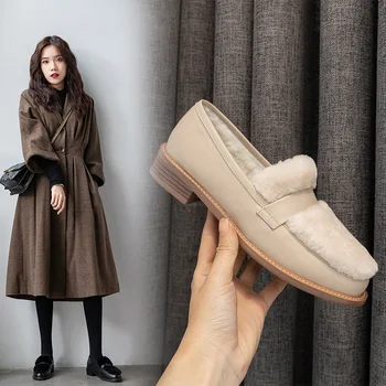 Nou Stil Britanic Lână Pantofi de Iarna Stil coreean Singură Pantofi Rotund-Deget de la picior Sălbatice Plus Catifea Toc Gros Mid-Mocasini toc Femei