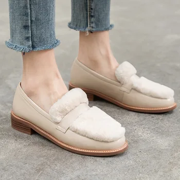 Nou Stil Britanic Lână Pantofi de Iarna Stil coreean Singură Pantofi Rotund-Deget de la picior Sălbatice Plus Catifea Toc Gros Mid-Mocasini toc Femei