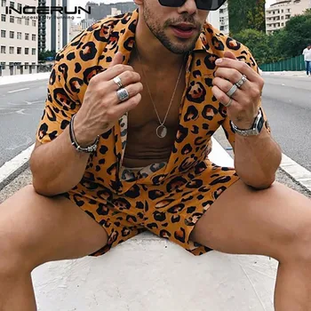 INCERUN Bărbați Hawaiian Seturi de Leopard de Imprimare Streetwear Rever Maneca Scurta Camasi pantaloni Scurți de Plajă Respirabil Vara Mens Costume 2 Piese 911