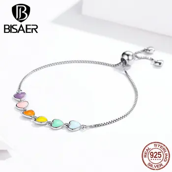 Bratari rainbow BISAER argint 925 colorate dragoste inima lanț de argint femei bratari argint bijuterii ECB158