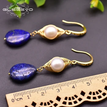GLSEEVO Manual Apă Proaspătă Perle Naturale Lapis Lazuli Legăna Cercei Cârlig Pentru Femei Fete Bijuterii Vintage Pentru Nunta GE0922