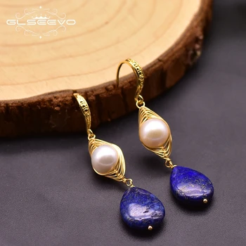 GLSEEVO Manual Apă Proaspătă Perle Naturale Lapis Lazuli Legăna Cercei Cârlig Pentru Femei Fete Bijuterii Vintage Pentru Nunta GE0922