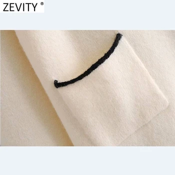 Zevity Noi 2021 Femei Negru Dulce Marginea Volane Mozaic De Tricotat Pulover Femme Chic Cu Maneca Lunga Buzunar Patch Cardigan Topuri S590