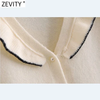 Zevity Noi 2021 Femei Negru Dulce Marginea Volane Mozaic De Tricotat Pulover Femme Chic Cu Maneca Lunga Buzunar Patch Cardigan Topuri S590
