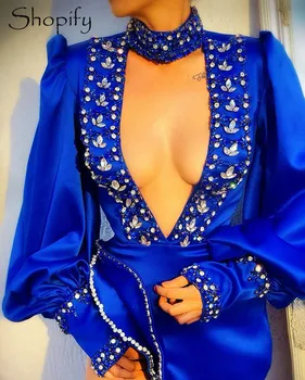 De Lux Rochie De Seara Lunga 2020 Sexy Fantă Mare Mâneci Lungi Albastru Regal Cristale Femeile Africane Noapte De Petrecere Clebrity Rochii Formale