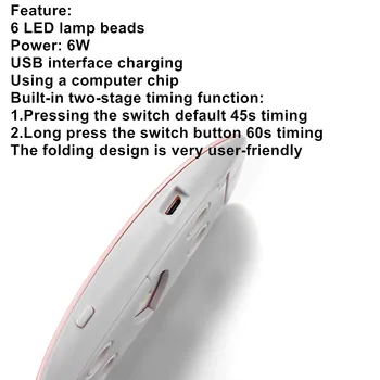1buc 6W Unghii Uscător de Mașină UV Lampa LED Portabil Micro USB Cablu pentru Utilizarea Acasă Unghii UV Gel Lac Uscător de 6 LED-uri Lampa de Instrumente Nail Art