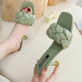 Țese Designer De Femei Papuci De Casă Doamnelor Subțire Toc Înalt Sandale 2021 Noi De Vara Alunecare Pe Sandale Maro În Aer Liber, Tobogane Flip Flop Pantof