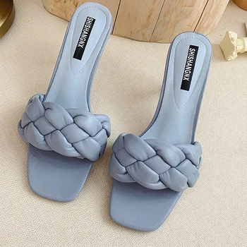 Țese Designer De Femei Papuci De Casă Doamnelor Subțire Toc Înalt Sandale 2021 Noi De Vara Alunecare Pe Sandale Maro În Aer Liber, Tobogane Flip Flop Pantof