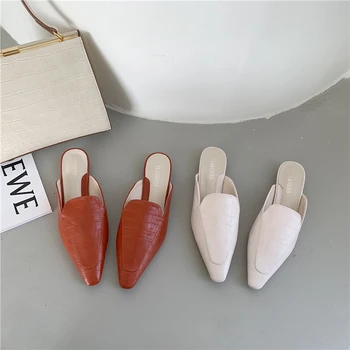 Femei De Moda Roșu Pantofi Deget De La Picior Pătrat Superficial Papuci De Diapozitive Catâri Plat Cu Toc Casual Pompe 2021 Nou-Veniți Tocuri Joase Papuci