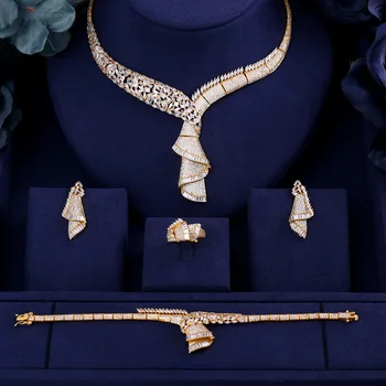 De aur-Culoare cubic zirconia colier bratara cercei si inel 4buc dubai complet set de bijuterii pentru femei,rochie de mireasa cina