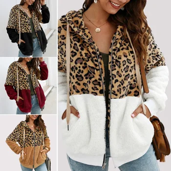 Femei Toamna Iarna Jachete Stil Leopard de Imprimare de Bloc de Culoare Mozaic de sex Feminin Jacheta Zip Hooded Uza Haina veste femme manteau
