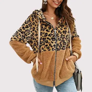 Femei Toamna Iarna Jachete Stil Leopard de Imprimare de Bloc de Culoare Mozaic de sex Feminin Jacheta Zip Hooded Uza Haina veste femme manteau