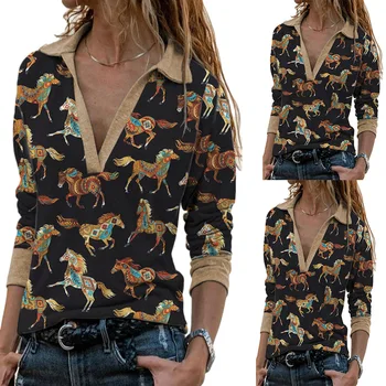 2021 Primavara Casual V Gât Cal de Imprimare Pierde T-shirt pentru Femei Guler de Turn-down Animal de Moda Topuri cu Maneci Lungi
