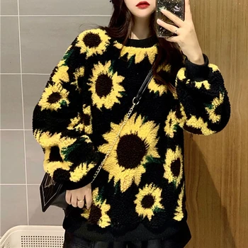 Toamna iarna nou coreean vrac de floarea soarelui moda tricot tricou femei O Gatului Maneca Lunga Bluze Largi de sex Feminin Pulover WY01