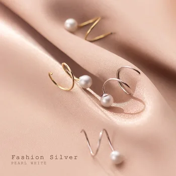VREA Veritabil 925 Sterling Silver Moda coreeană Geometrice de Rotație Pearl Cercei Mici pentru Femei Dragut Romantic Petrecere Bijuterii