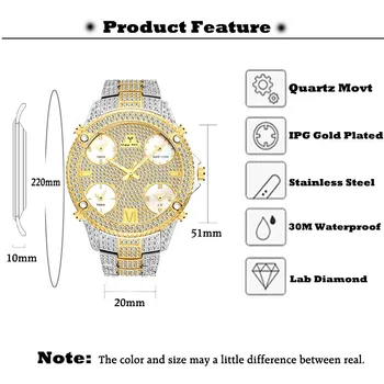MISSFOX Hiphop Ceas de Aur 18k Barbati cu Diamante pentru Bărbați Ceasuri de Top de Brand de Lux Calendar Cadran Mare de Gheață Afară de sex Masculin Cuarț Ceas Cadou Pentru Barbati